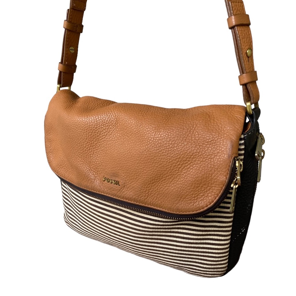 Fossil Denim and Leather Crossbody Purse with Gold Tone Hardware/Zipper Accent